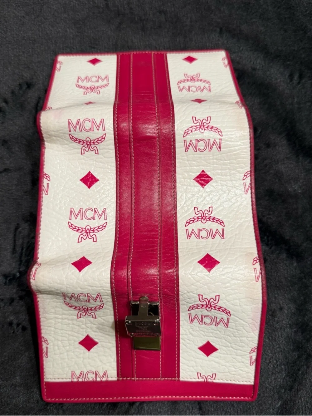 MCM White and Pink Logo Printed Wallet with Gold Hardware
